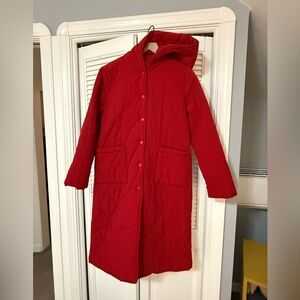 Red Long Quilted Hooded Coat